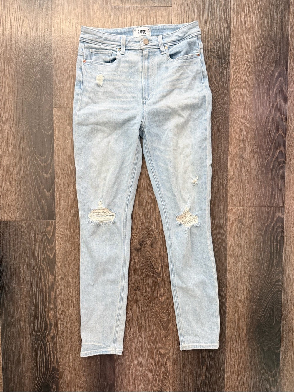 PAIGE Light Blue Distressed High-Rise Skinny Jeans